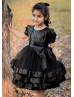 Short Puffy Sleeves Black Sequin Tulle Shimmering Layered Flower Girl Dress